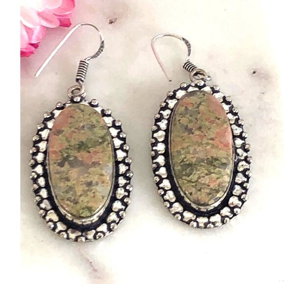 Hand Crafted Jewelry - 925 Sterling Unakite Dangle Earrings